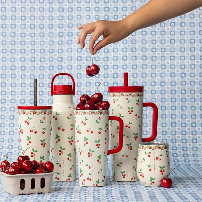 Corkcicle Cruiser Insulated Tumbler - Stainless Steel Tumbler with Handle & Straw, Leak Proof for Cold Drinks, Triple Insulated, Spill Proof, Cupholder Friendly, BPA-Free - 40oz - Rifle Paper Cherries