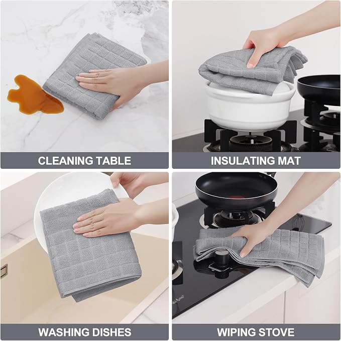 Homaxy Premium Cotton Kitchen Towels 16"x 28", Large Natural Ring Spun 390 GSM Dish Towels, Super Absorbent Terry Kitchen Hand Towels, Soft Tea Towels with Hanging Loop, Pure Light Grey Design, 4 Pack