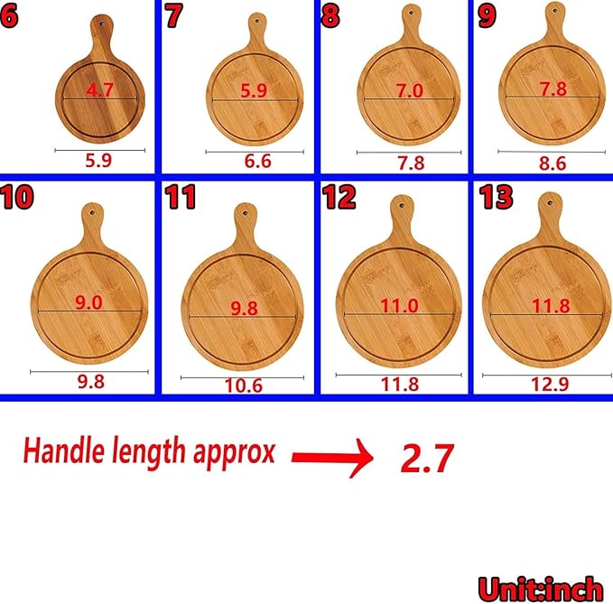 6 Pack Pizza Board Set – Premium Wooden Pizza Plates for Serving & Cutting, Round Bamboo Pizza Plate with Handle, Durable & Lightweight for Home & Restaurant (Up to 13 Inches),6inch