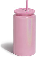 Glass Cups with Lids and Straws, 16oz Stainless Steels Cups, Beer Cups, Iced Coffee Cup, Smoothie Cup, Sublimation Tumbler, Pink (Shiny Polished Finish, Sublimatable)
