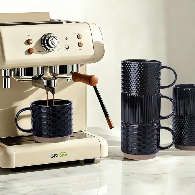 GBhome 12OZ Stackable Coffee Mugs Set of 6, Ceramic Coffee Mugs with Texture Patterns for Man,Woman,Dad,Mom, Modern Coffee Cups for Latte/Cappuccino/Cocoa. Dishwasher&Microwave Safe, Black