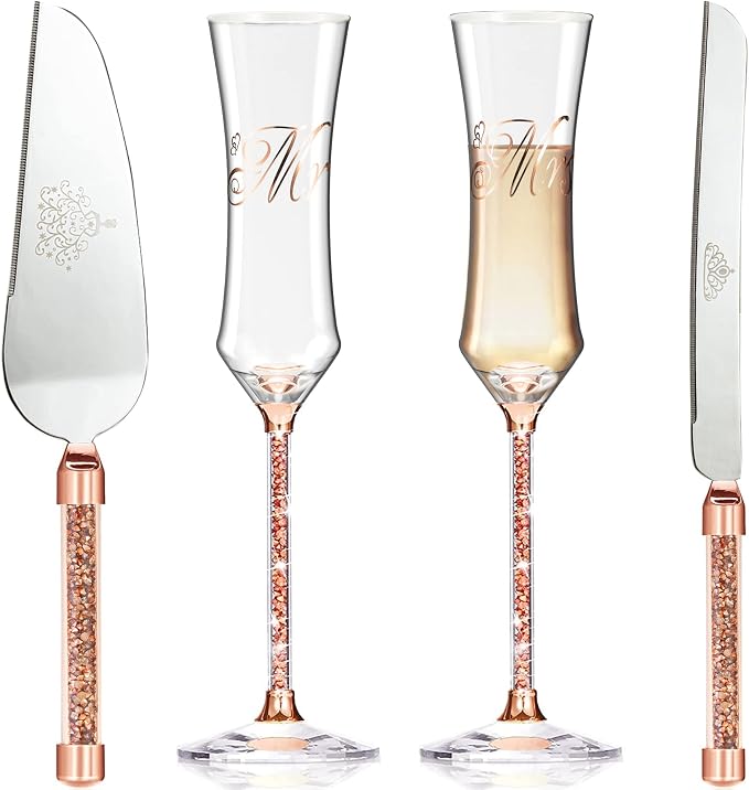 Wedding Cake Knife and Server Set, 7oz Crystal Champagne Flutes Set Rose Gold Bride Groom Toasting Glasses Cutting for Mr Mrs Engagement Gifts