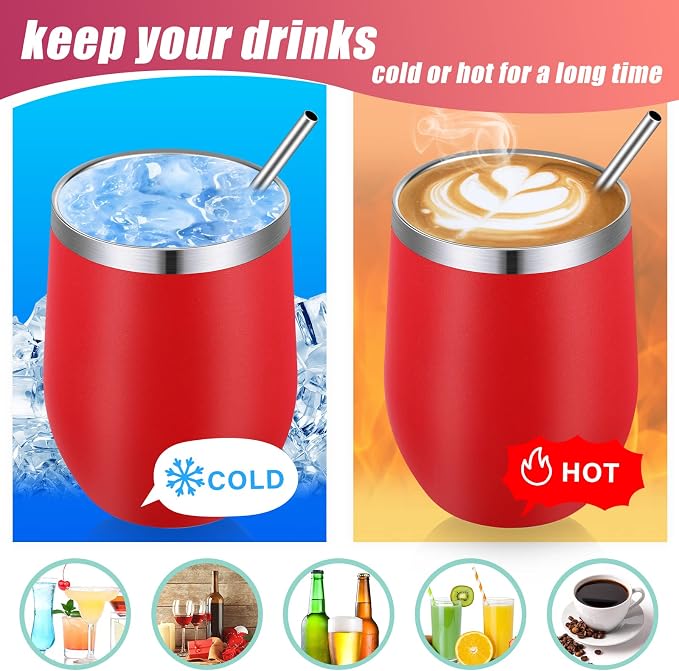 Remagr 16 Pack Stainless Steel Wine Tumblers 12 oz Insulated Vacuum Wine Cup Set Double Wall Stainless Steel Stemless Mug Glasses for Coffee Soda Whiskey Outdoor Travel (Red)