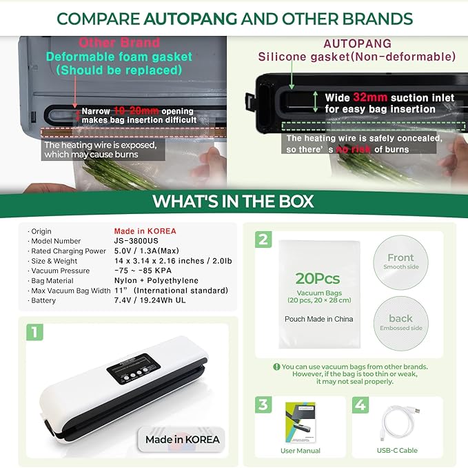 Automatic Vacuum Sealer Machine, Cordless Food Preserver with 85Kpa Suction & Pulse Mode, Durable Silicone Chamber, Includes 20 Exclusive Sealer Bags