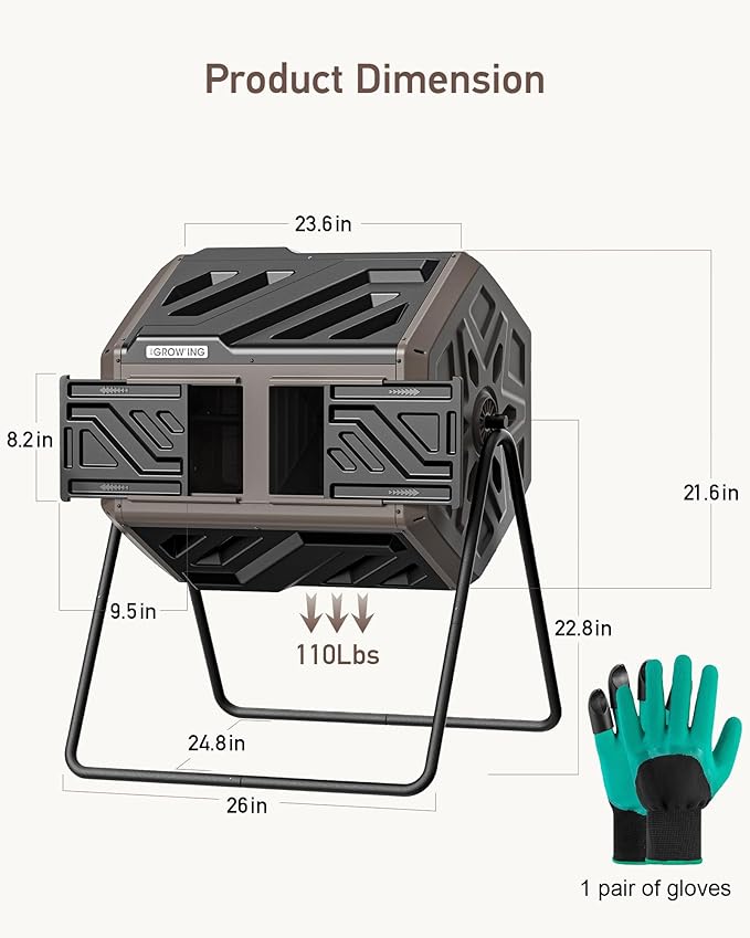 THEGROW'ING 43 Gallon Dual Chamber Compost Bin with Built-in Nuts, Outdoor Rotating Composter Tumbler for Garden Backyard, Brown