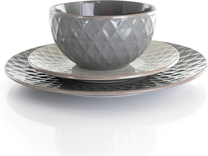 Elama Round Stoneware Collection Dinnerware Dish Set, 16 Piece, Slate and Pearl