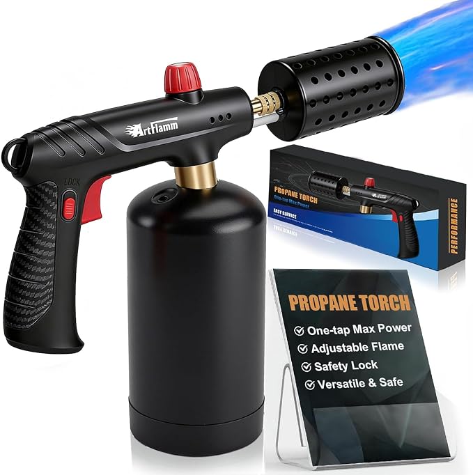 ARTFLAMM Propane Torch with Safety Lock, Powerful Cooking Blow Torch Gun for Grill, BBQ, Sous Vide & Charcoal– Adjustable Flame Cooling Vents Design (Tank Not Included)