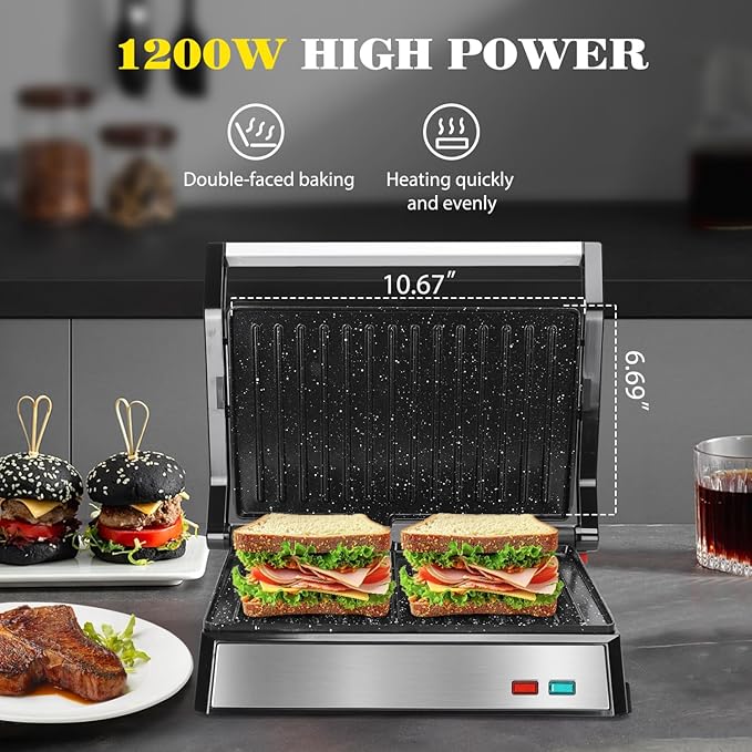 Aigostar 2in1 Sandwich Maker Panini Press Grill with Nonstick Plates, and Aigostar Panini Press, 1200W Sandwich Maker and Electric Indoor Grill with Ceramic Non-Stick Coated Plates, Opens 180°