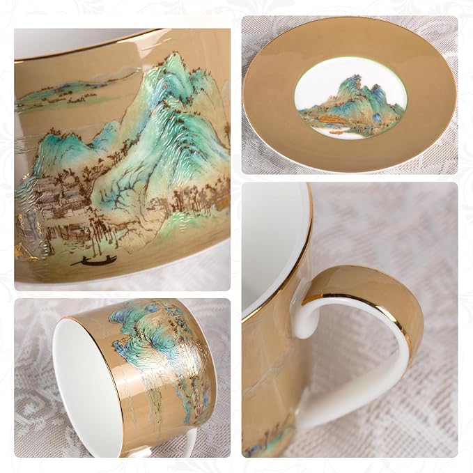 KAMMAK Tea Cups and Saucers Set of 2, Porcelain Coffee Cups, Stackable Espresso Mugs, Ceramic Demitasse for Coffee, Cappuccino, Latte, Americano, Tea, Large - River and Mountains