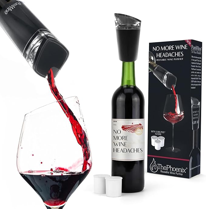PureWine Phoenix Wine Aerator Pourer Spout - Removes Histamines & Sulfites as You Pour, Red & White Wine Purifier Filter, Helps Allergies & Headaches, Restores Oxidized Bottles- Starter Kit, Noir