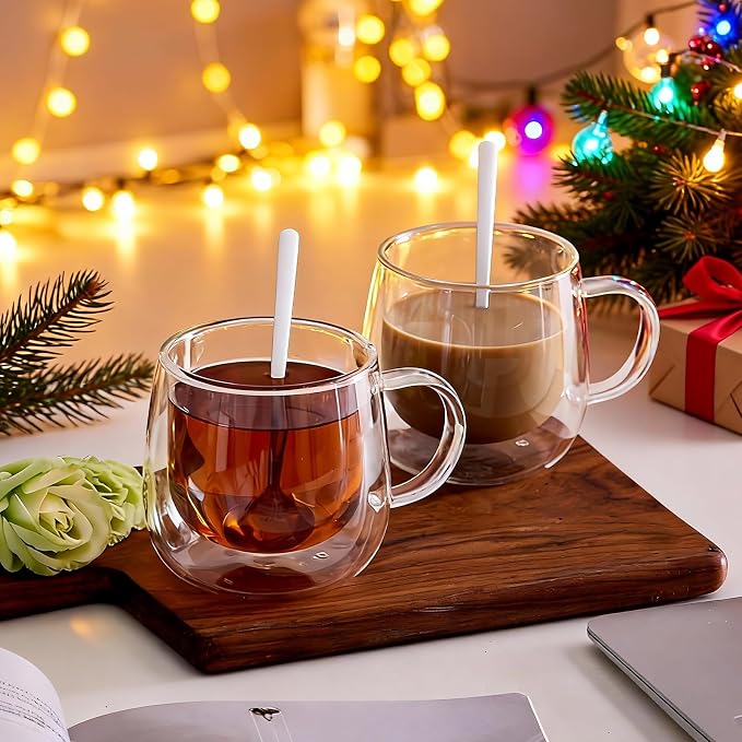 Double Wall Insulated Latte Glasses 10oz with Handle - Set of 2, Clear Glass Mugs for Cappuccino, Espresso, Tea & Hot Drinks