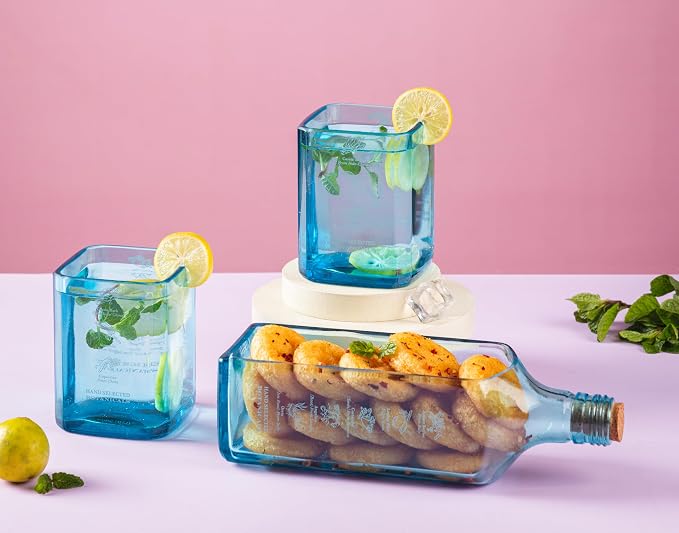 Upcycled Bombay Sapphire Gin Glasses and Platter Set of 3 with Premium Gift Box | Eco-friendly Glasses for Drinks, upcycled from Gin bottles | Ideal for Gin, Whiskey, Cocktail Nibbles and Finger Food