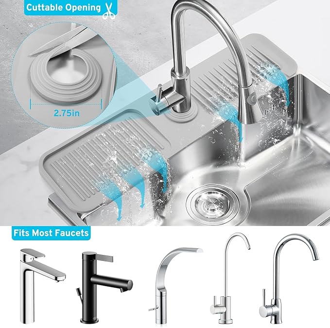 Folding Faucet Mat for Kitchen Sink Upgraded Premium Silicone Splash Guard with Fast Drying Properties Protective Sink Tray Ideal for Stone Sinks in Kitchen & Bathroom (Gray, 23.8"x5.5")