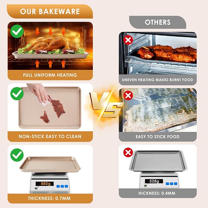 Baking Sheet Pan Set of 3, Nonstick Carbon Steel Cookie Sheets with Texture | Commercial Half/Quarter/Jelly Roll Pans Replacement Toaster Oven Tray, Heavy Duty & Easy Clean