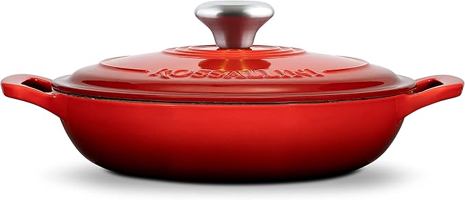 ROSSALLINI Signature Enameled Cast Iron Braiser, Non-Stick Serving Pot with Tight Fitting Lid for Perfect Roasting, Baking, Sauteing, Searing, and Pan Frying | 2.25Q (2.1L) - Red