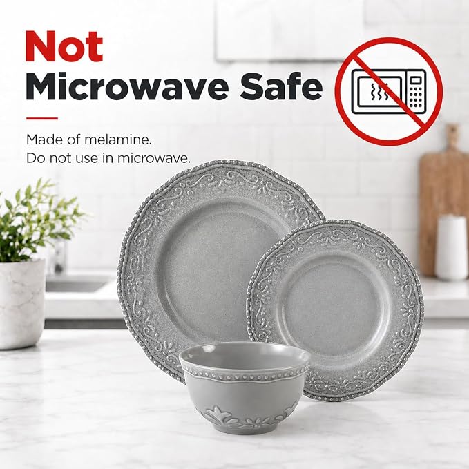 TP 18-Piece Dinnerware Set, Melamine Dishes Set with Bowls and Plates, Service for 6, Non-breakable Lightweight Dining Tableware, Grey