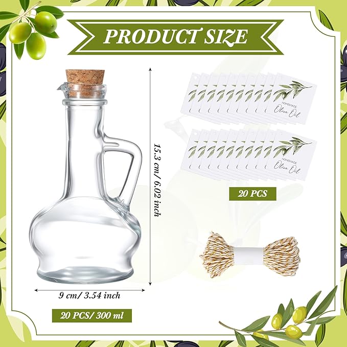 Vesici 20 Set Olive Oil Bottle with Stopper Mini Glass Oil Cruet Dispenser with Label Vinegar Bottle with Spout for Kitchen Salad Dressing Syrup Container for Wedding Baby Shower Favors(8.5 oz 2)