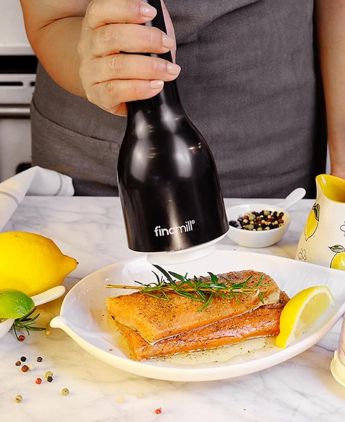 FinaMill Classic Battery Spice Mill – Battery Operated Salt and Pepper Grinder Set, Includes 2 Interchangeable Spice Pods, Adjustable Coarseness, Ceramic Grinder, LED Light, Home and Kitchen Gift Set
