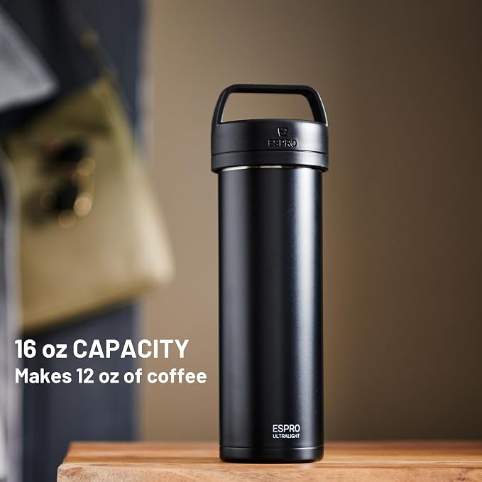 ESPRO Go P0 Ultralight French Press Coffee Maker for Travel, Vacuum Insulated Stainless Steel, 16 Ounces, Matte Meteorite Black