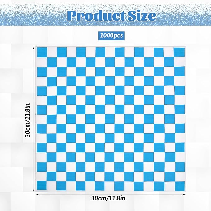 simarro 1000 Sheets Checkered Deli Paper Sheets, 12 x 12 Inch Grease Resistant Food Basket Liners Sandwich Paper Wraps for Restaurants Churches BBQs Picnic Party (Blue And White)