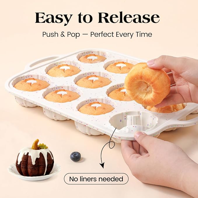 Vinino 3 Inch Silicone Mini Fluted Tube Cake Pan with Metal Reinforced Frame, 12-Cavity Mini Flan Mold, Nonstick Baking Pan for Mini Donuts, Muffins, Brownies, Jellies, 2 Pack