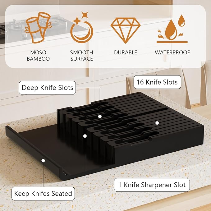 Domax Bamboo In-drawer Knife Block - Kitchen Knife Drawer Organizer Insert, Knife Holder without Knives Large, Drawer Knife Organizer Fits for 16 knives and 1 Sharpening Steel (Not Included), Black