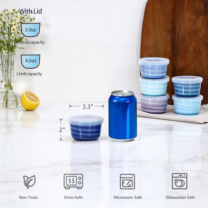 Selamica 4 oz Ramekins with Lids Oven Safe, Creme Brulee Souffle Dishes Ramekins with Covers, Porcelain Custard Cups for Baking, Stackable Mini Ramekin Bowls for Pudding Dip Sauces, Set of 6, Gradient Blue