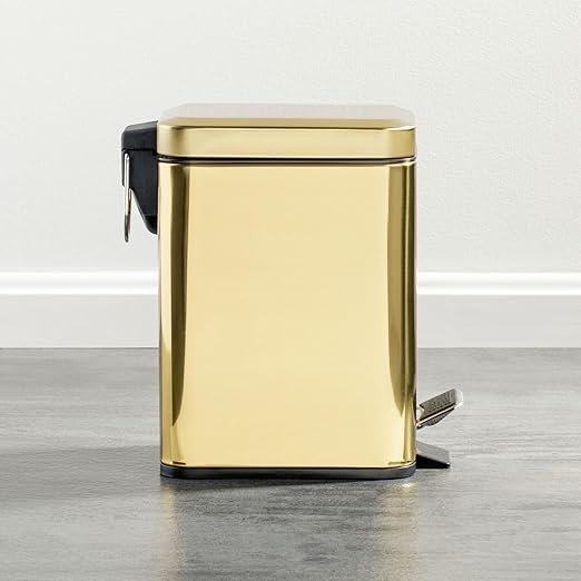 mDesign Slim Metal Rectangle 0.8 Gallon Trash Can with Step Pedal, Easy-Close Lid, Removable Liner - Narrow Wastebasket Garbage Container Bin for Bathroom, Bedroom, Kitchen, Office - Soft Brass