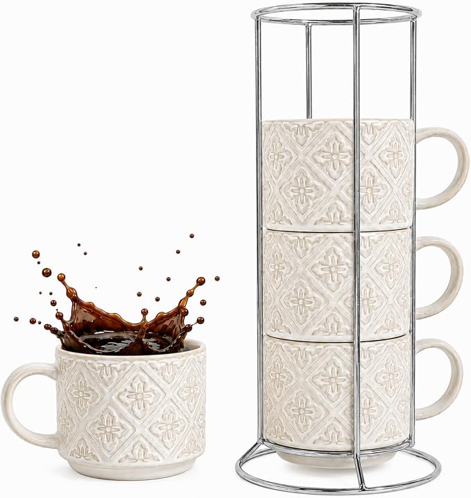 6 Oz Coffee Cups with Stand, Stackable Espresso Cups Set of 4, Ceramic Cappuccino Cup, Embossed Coffee Mugs for Latte, Cocoa, Mocha, Tea, Housewarming Wedding Present, Dishwasher Safe