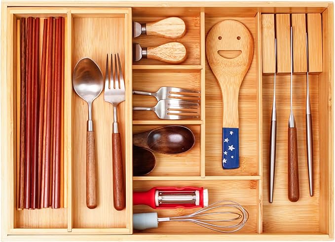 Double Layer Bamboo Kitchen Drawer Organizer Cutlery Utensil Silverware Drawer Organizer, cutlery Silverware Tray for Drawer, deep Utensil Holder Drawer Dividers for Flatware (L: 16.85 × 12.2 in)
