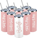 Sabary Bride Gifts Bridesmaid Tumblers Set of 8, 20 oz Insulated Bride Stainless Steel Wine Tumbler Bulk Maid of Honor Mugs with Lid and Straw for Wedding Engagement Party Gifts (Pink, White)
