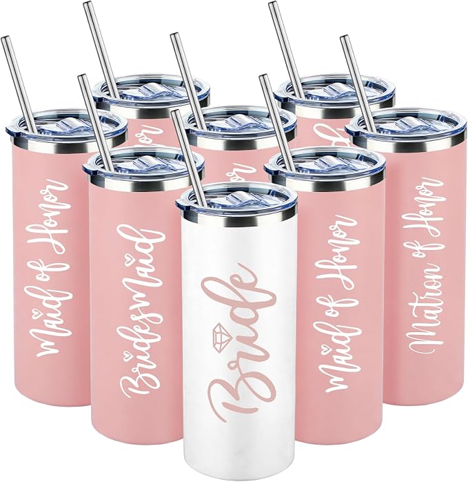 Sabary Bride Gifts Bridesmaid Tumblers Set of 8, 20 oz Insulated Bride Stainless Steel Wine Tumbler Bulk Maid of Honor Mugs with Lid and Straw for Wedding Engagement Party Gifts (Pink, White)