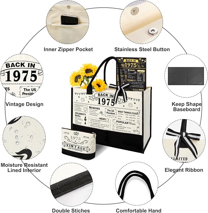 YeohJoy 51st Birthday Gifts for Women Canvas Tote Bag Travel Gear, Unique 51st Years Old Gifts for Mom Grandma Aunt Wife Sister Friends Her, Vintage 1975 Handbag & Makeup Bag & 51st Birthday Card