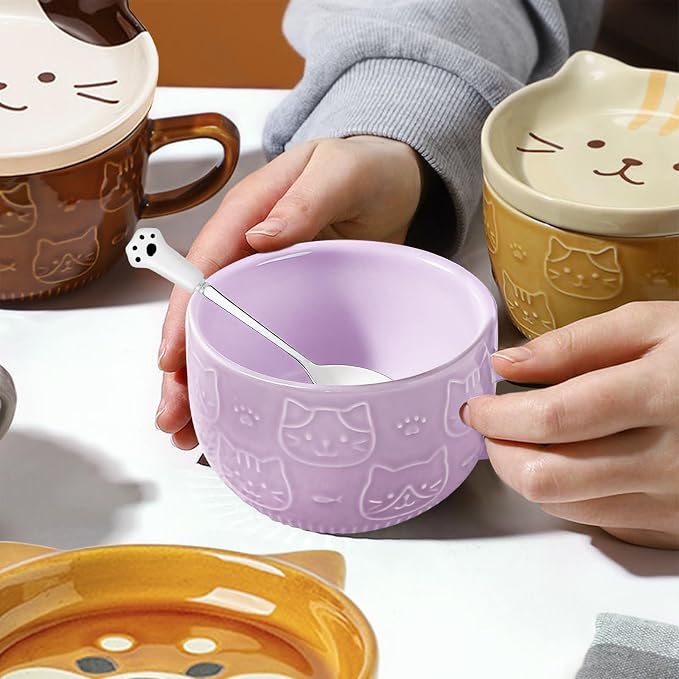 BigNoseDeer Cute Cat Mug Kawaii Tea Cup Purple Ceramic Coffee Mug with lid,Tea Cups and Saucers for Dessert Cute Gifts Cat Gifts for cat Lovers Christmas gifts 10oz(Purple)