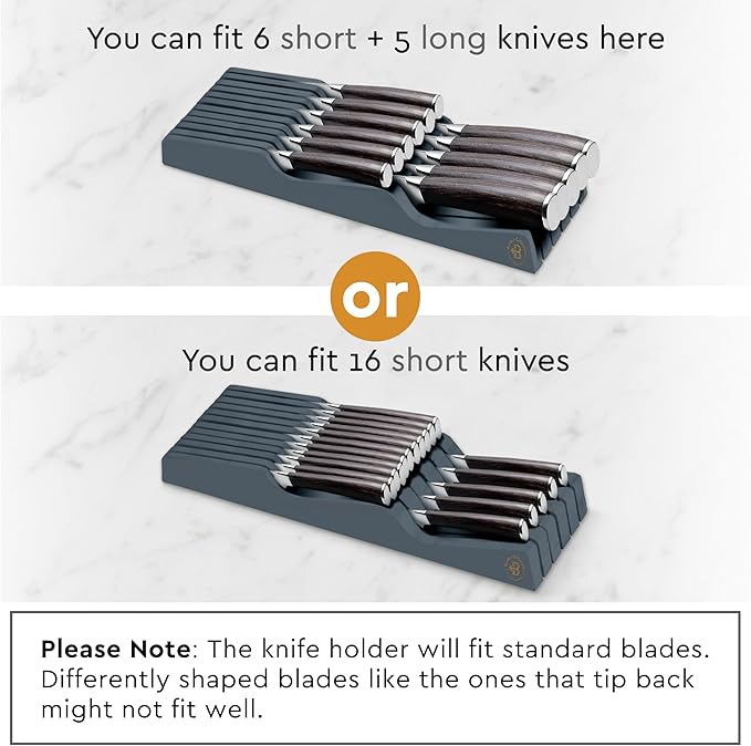 Knife Drawer Organizer - Bamboo Knife Block In Drawer, Kitchen Knife Organizer for Drawer, Holds 5 Long + 6 Short Knives, Blade Safe Storage, Wooden Steak Knife Holder, Gray