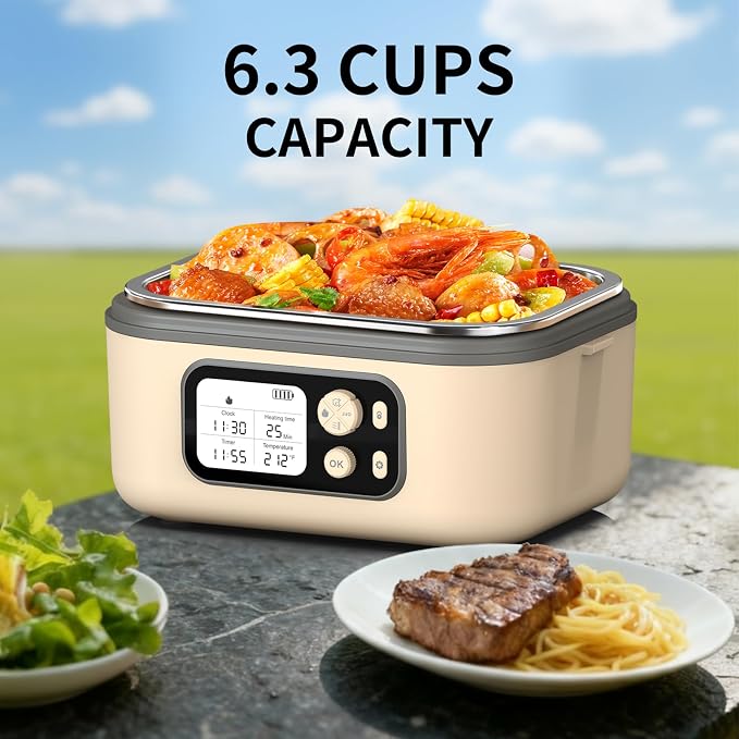 Cordless Electric Heated Lunch Box, 1.5L - 6.3 Cups 100W Rechargeable Smart Self-Heating Food Warmer with Removable Divider, Spoon, Fork, BPA Free, Portable Lunchbox for Car Travel Office Yellow