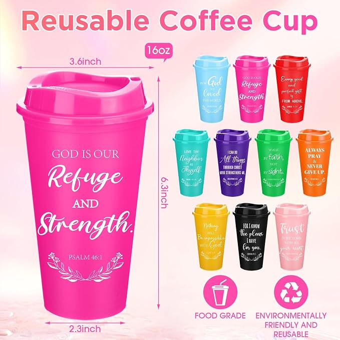 Skylety 60 Pack Bulk Christian Gifts for Men Women 16oz Reusable Bible Verse Tumbler Plastic Coffee Cup with Lid Inspirational Religious Church Gift for Teacher Graduation Party Favor (Rainbow Color)