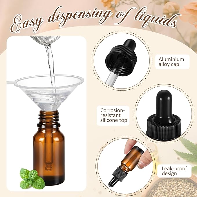 Lallisa 200 Pack Essential Oil Dropper Bottle 10 ml (1/3 Oz) Glass Dropper Bottles DIY for DIY Essential Oil Perfume with Funnels Pipettes Labels for Bathrooms, Hotels, Labs (Amber)