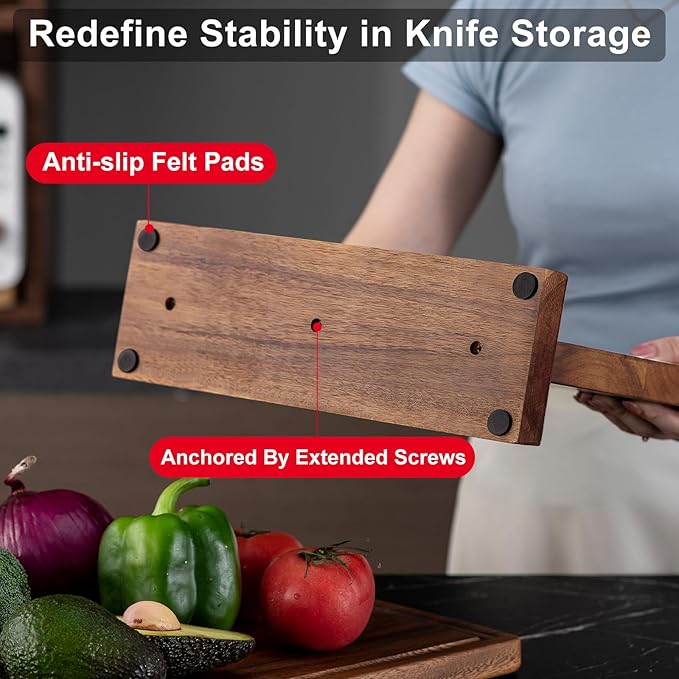 Magnetic Knife Block Acacia Wood -Double Sided Magnetic Knife Holder Rack for Kitchen Counter -Universal Knife Block Without Knives Wooden Multifunctional Storage Fully Assembled