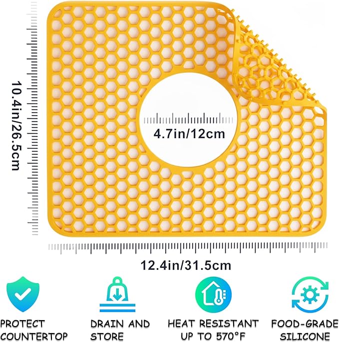 Silicone Sink Protectors for Kitchen - Non-Slip Heat Resistant Grid Mat for Farmhouse Porcelain Stainless Steel, Protects & Cushions Your Sink(Yellow 1PCS, 12.4"x10.4" Center Drain)