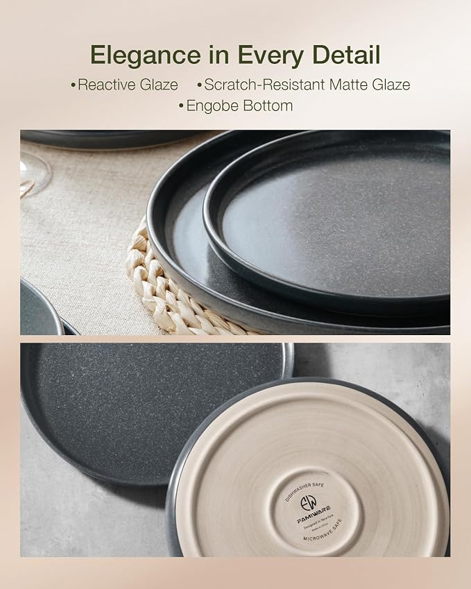 Famiware Milkyway Plates and Bowls Sets, 18 Pieces Dinnerware Sets, Reactive Glaze Dish Set, Stoneware Dishes Set for 6, Matte Dark Charcoal