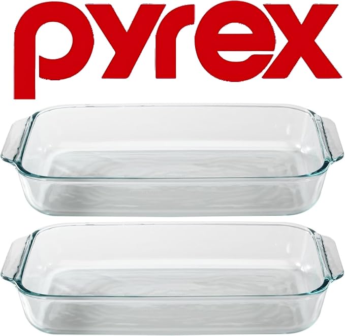 Pyrex Basics 3 Quart Oblong Glass Baking Dish, Clear 9 x 13 inch - Set of 2 - Original Genuine Pyrex - Made in the USA