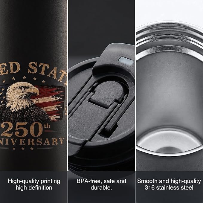 250th Anniversary Coffee Mug, 18 oz Stainless Steel Insulated Tumbler, Vintage Patriotic Design 1776-2026, Fathers Day Birthday Gift Dad From, Military Veteran Retirement Commemorative Gift, Black
