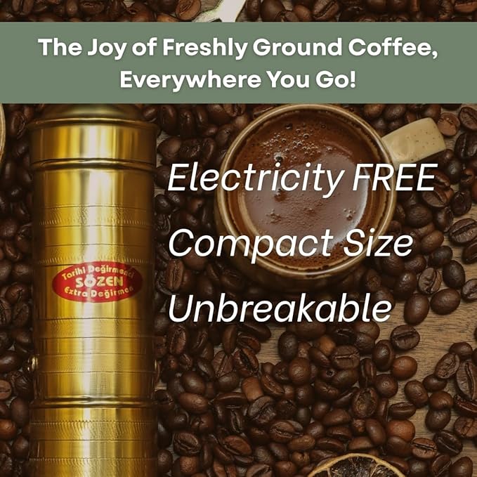 Sozen 9" Manual Coffee Grinder Brass – Hand Crank Burr Mill for Turkish Coffee, French Press, Espresso, Camping & Home Use – Portable Coffee Bean Grinder, Adjustable Conical Grinder