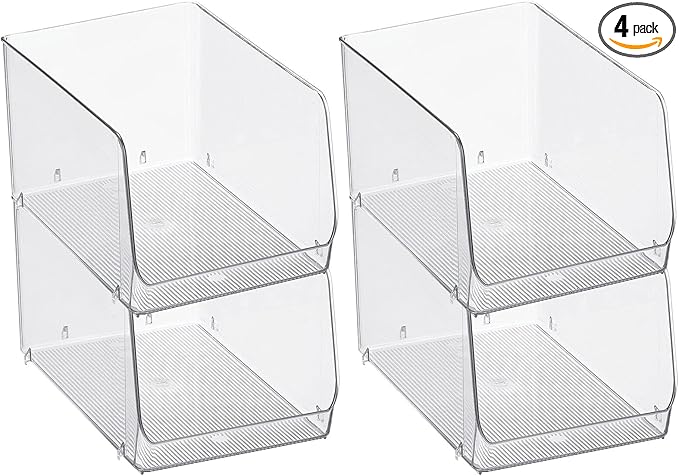 mDesign Stackable Plastic Food Storage Organizer Bin Basket with Open Front for Household Kitchen Cabinets, Pantry, Offices, Closets, Bedrooms, Bathrooms - 7.7" Wide, 4 Pack - Clear