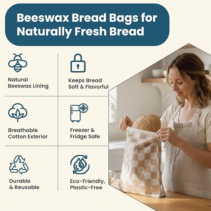3-Pack Reusable Beeswax Bread Bags (XL, M, S) - Organic Cotton Beeswax Bread Storage Bag for Homemade Bread & Sourdough Freezer-Safe, Breathable & Freshness Support - Eco-Friendly Bread Bag