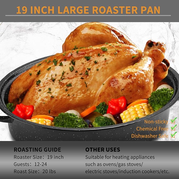 JY COOKMENT 19" Enameled Oval Roasting Pan with Domed Lid - Great for Roasting Turkey, Chicken, Lamb, Vegetables - Dishwasher Safe, Fits 20lb Turkey