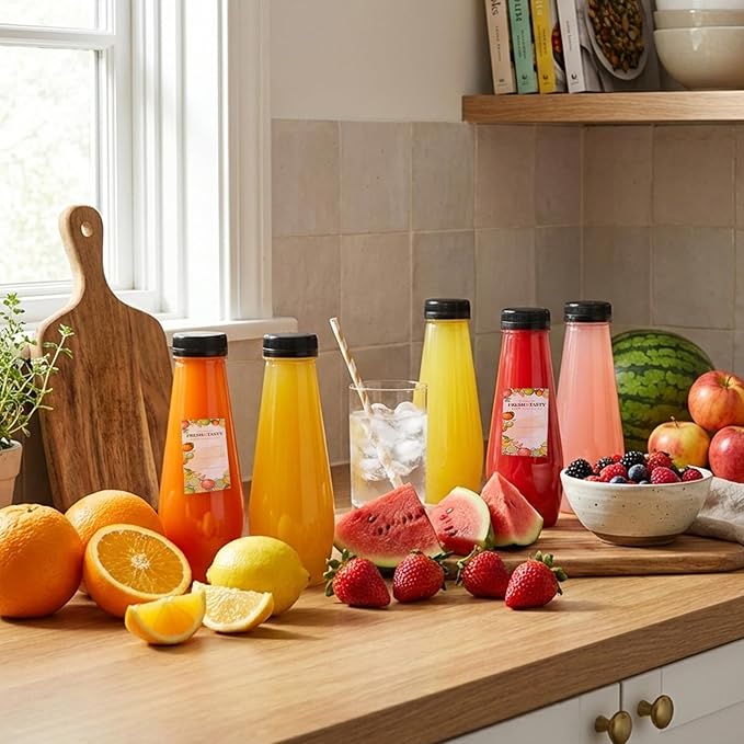 TOMNK 32pcs 12oz Juice Bottles, Empty Plastic Juicing Bottles with Caps, Cone Reusable Bottles Clear Bulk Beverage Containers for Juicing, Drinking, Milkshake, Tea and Other Beverages