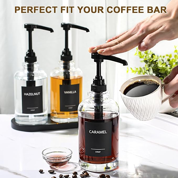 Coffee Syrup Dispenser for Coffee Bar, Glass Syrup Dispenser with 1/4oz Large Capacity Pump, Coffee Syrup Pump Dispenser for Coffee Station, 16.9 fl oz Maple Syrup Bottles for Coffee Bar Organizer