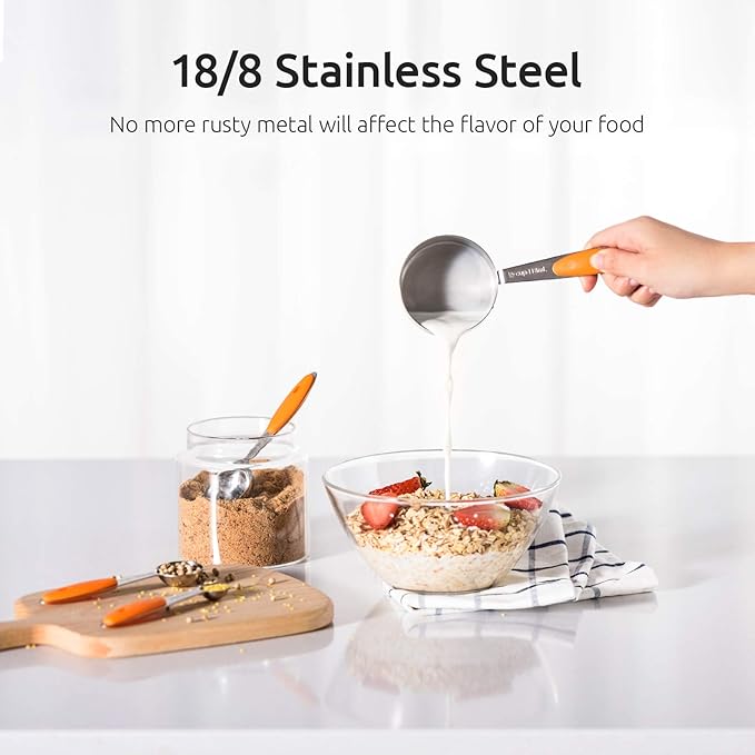 U-Taste 10 Piece Measuring Cups and Spoons Set in 18/8 Stainless Steel, and 600ºF Heat Resistant 13 inch Large Non-Stick Silicone Soup Ladle (Orange)